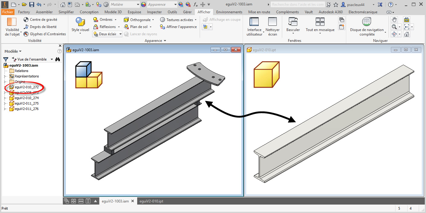 Différence d'apparence entre pièce et ensemble Inventor