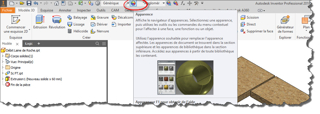 Probleme navigateur de matières et d'apparences Inventor