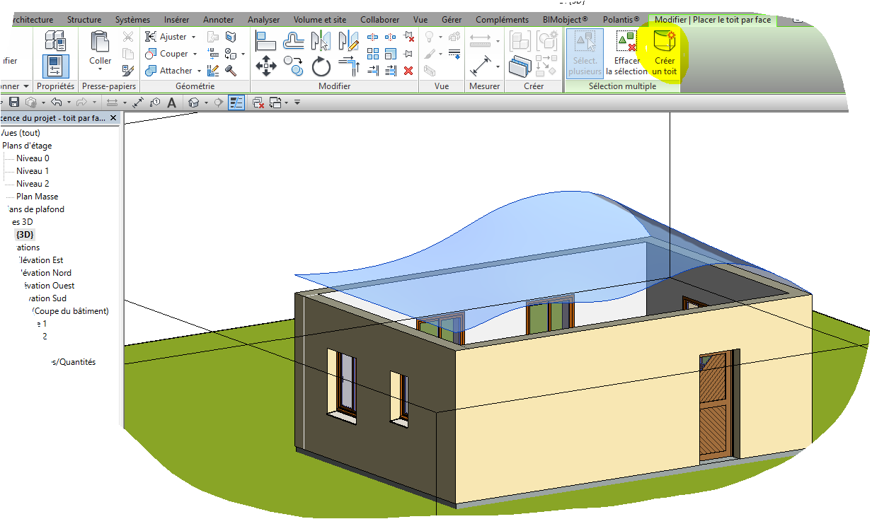 Créer un toit par face sur un volume in situ dans revit
