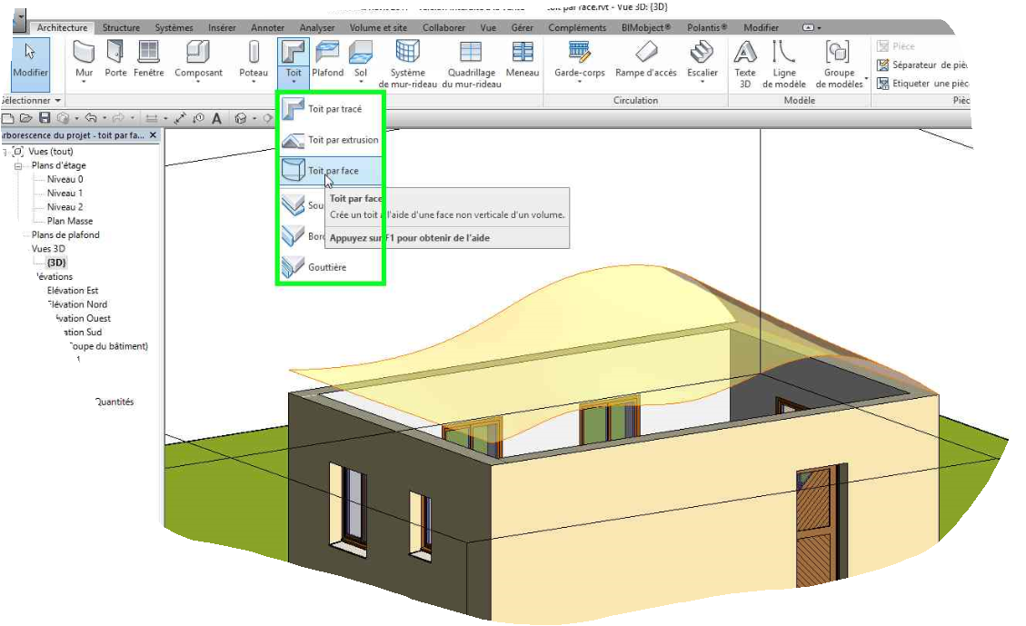 Créer un toit par face sur un volume in situ dans revit