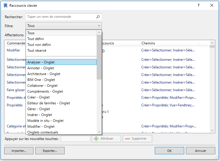raccourcis clavier dans revit