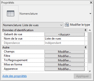 liste de vues REVIT