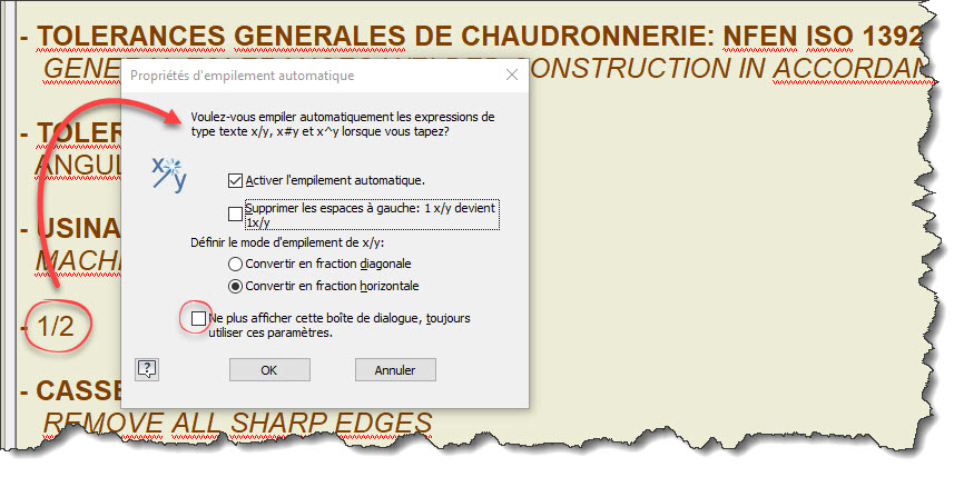 Fraction dans les textes de dessin Inventor