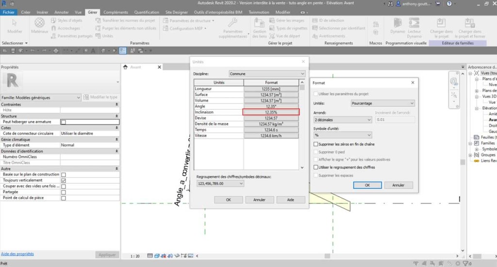 Revit Convertir un angle en pente (degré vers pourcentage) Aplicit