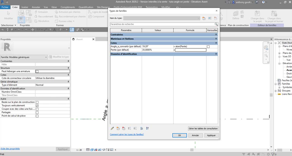 Revit Convertir un angle en pente