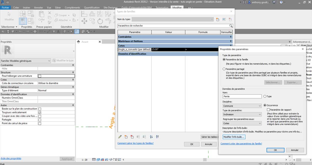 Revit Convertir un angle en pente