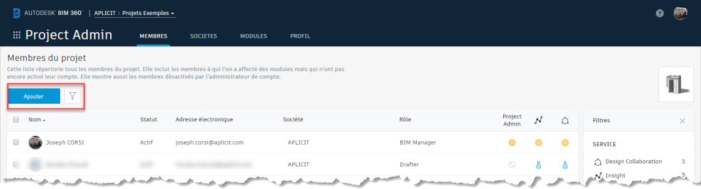 droits d’accès utilisateurs dans BIM 360