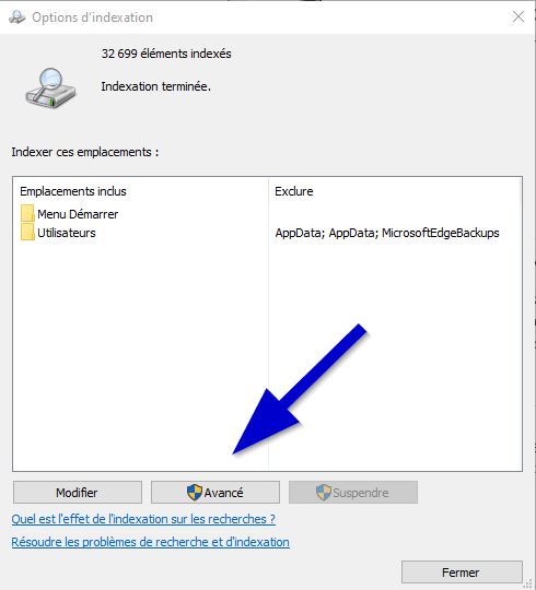 Reconstruire l'indexation de fichiers de Windows 10