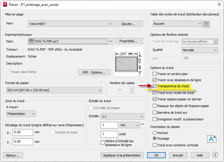 Objet AutoCAD avec propriété transparence - Aplicit