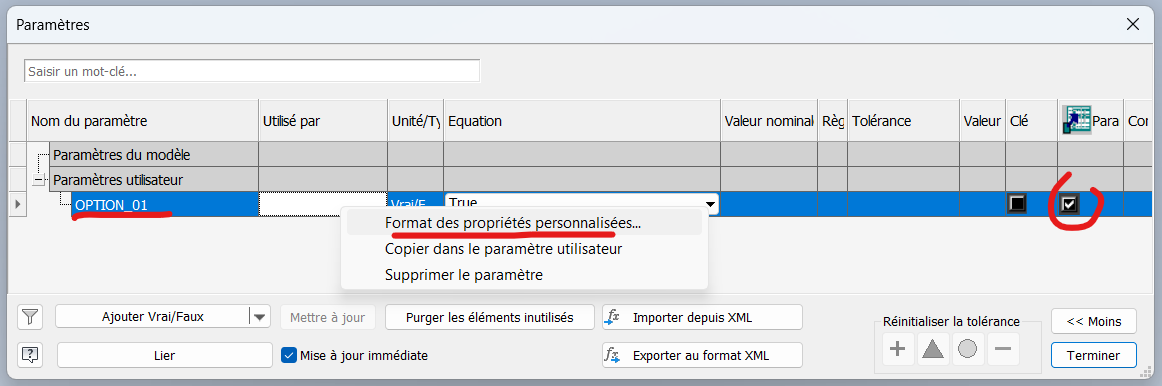 Comment se servir des valeurs OUI/NON dans "Fx" Autodesk Inventor 
