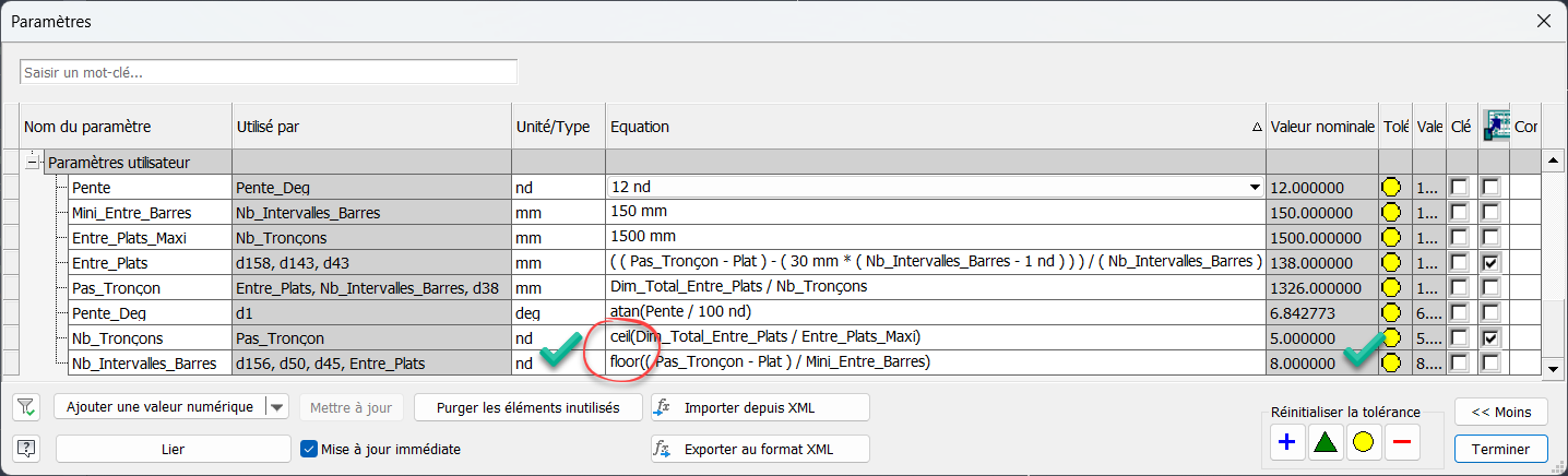 Tableau de paramètres pour Fonctions mathématiques Inventor